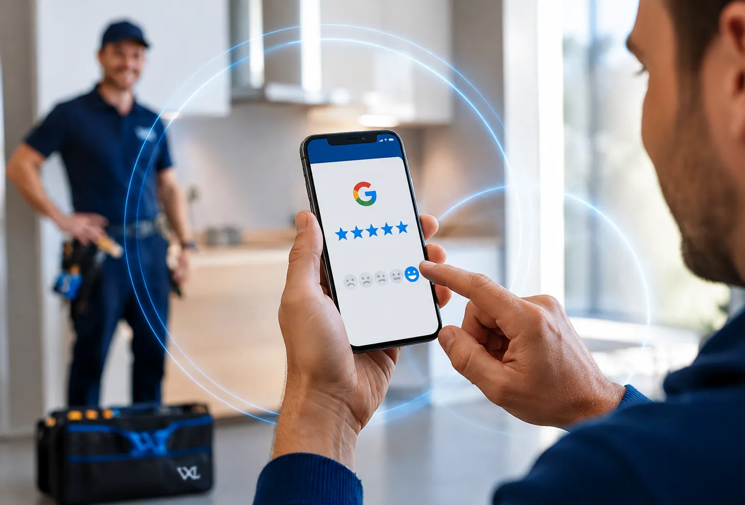 Client laissant un avis Google sur son téléphone après une intervention d’artisan