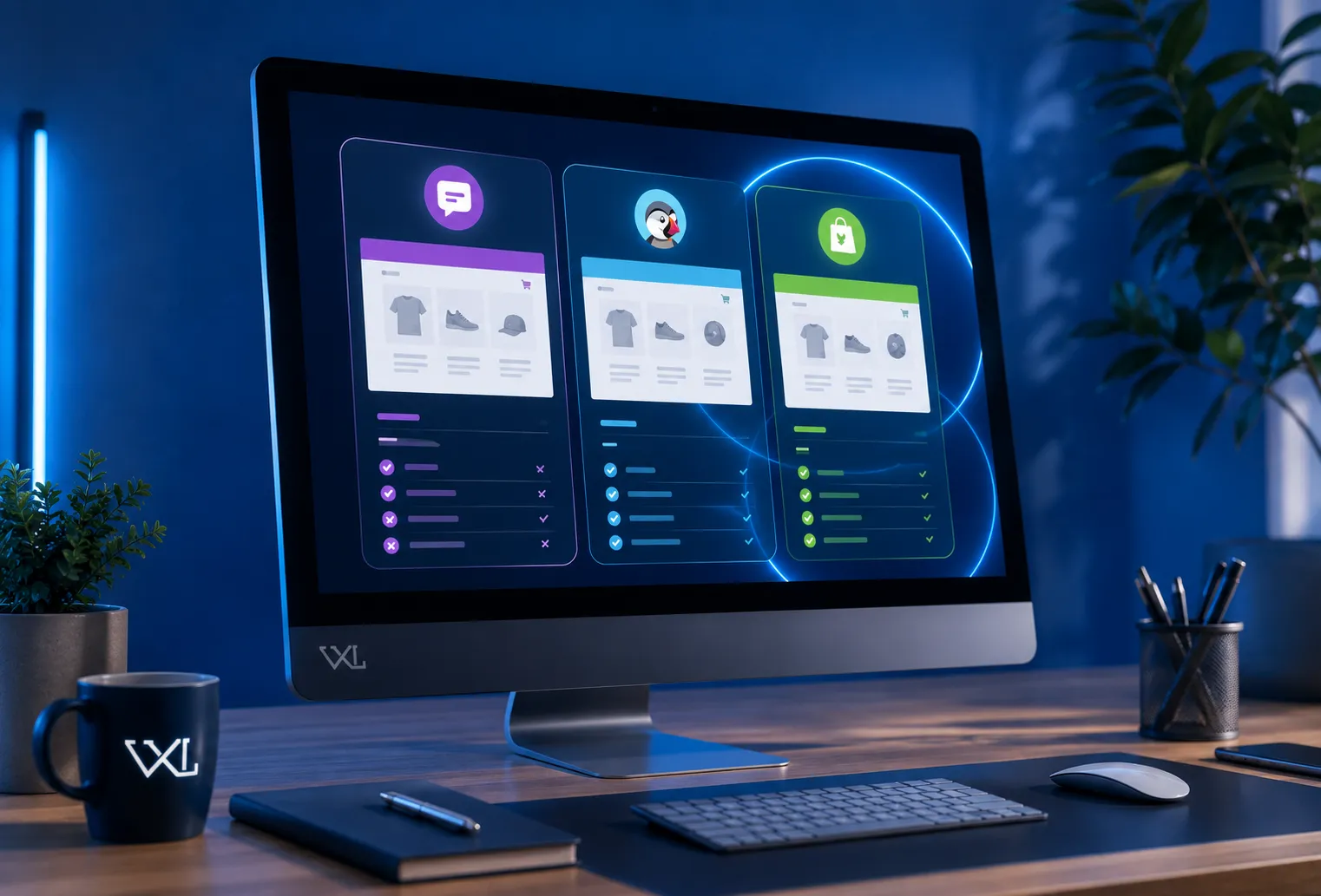 Comparaison de plateformes e-commerce WooCommerce, PrestaShop et Shopify sur un écran