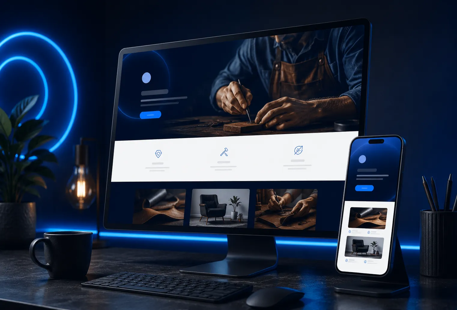 Maquette de site internet par abonnement pour un artisan, sur ordinateur et mobile