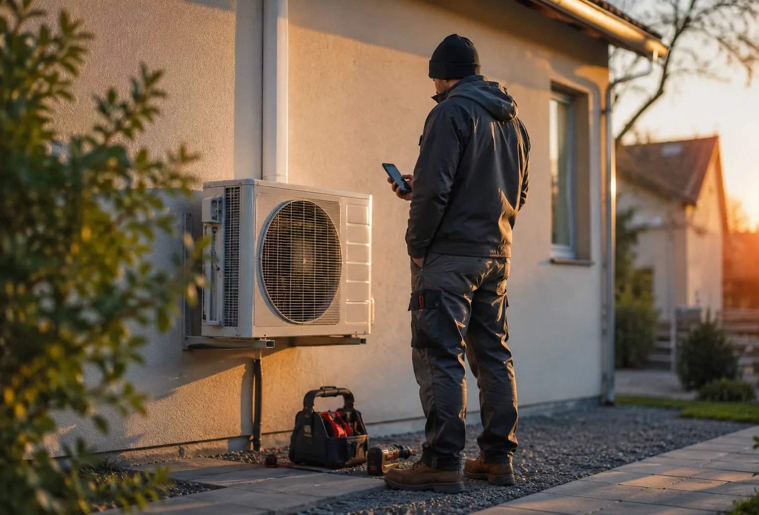 Site internet d’un poseur de climatisation consulté sur un téléphone devant une unité extérieure