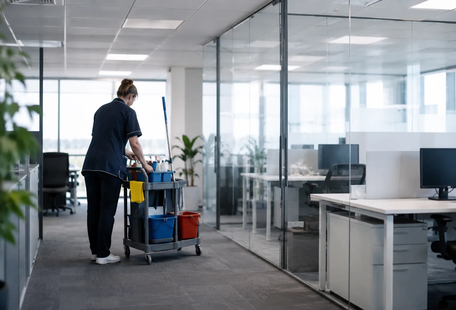 Site internet d’une entreprise de nettoyage consulté par un gestionnaire dans des bureaux