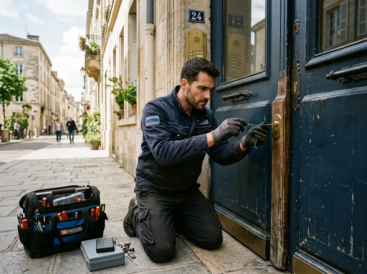 Site internet de serrurier consulté sur un téléphone devant une porte à ouvrir
